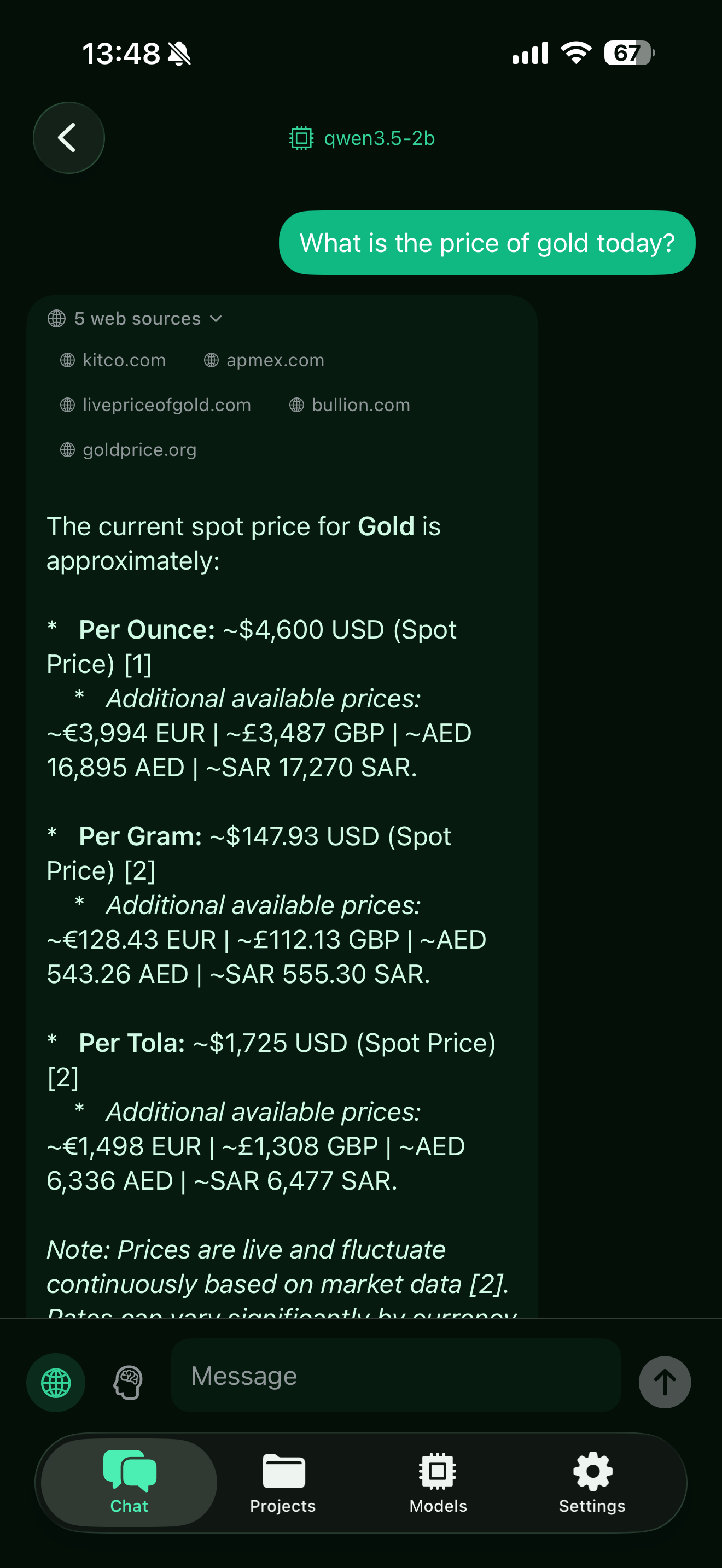 Cloaked AI chat showing web search results for gold prices