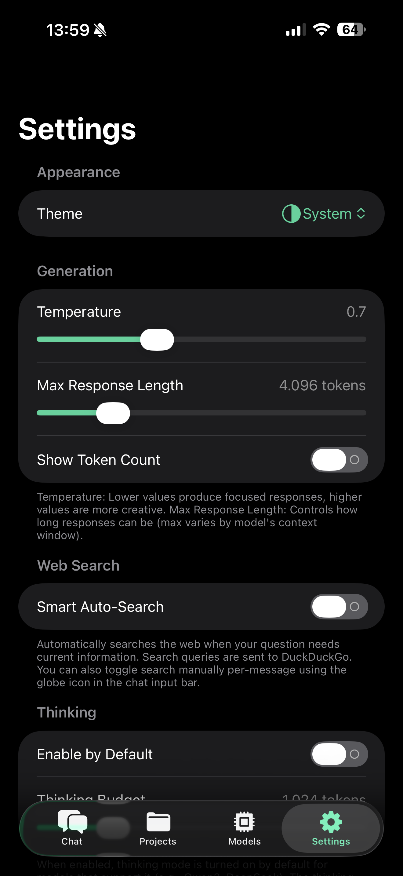 Cloaked settings showing theme, generation, and web search options